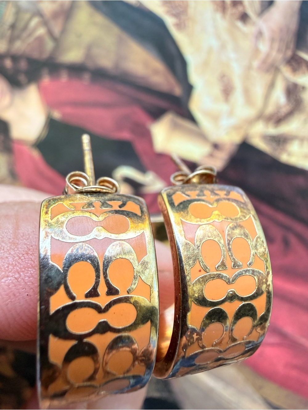 Coach Orange and Gold Cutout Hoop Earrings - Picture 2 of 5